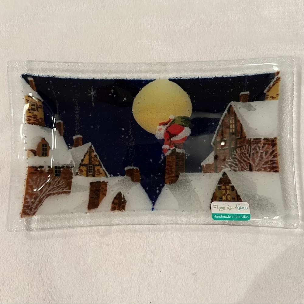 Peggy Karr Fused Glass Christmas Tray Plate Santa Chimney Rooftop 9.5 X 5.5 Inch